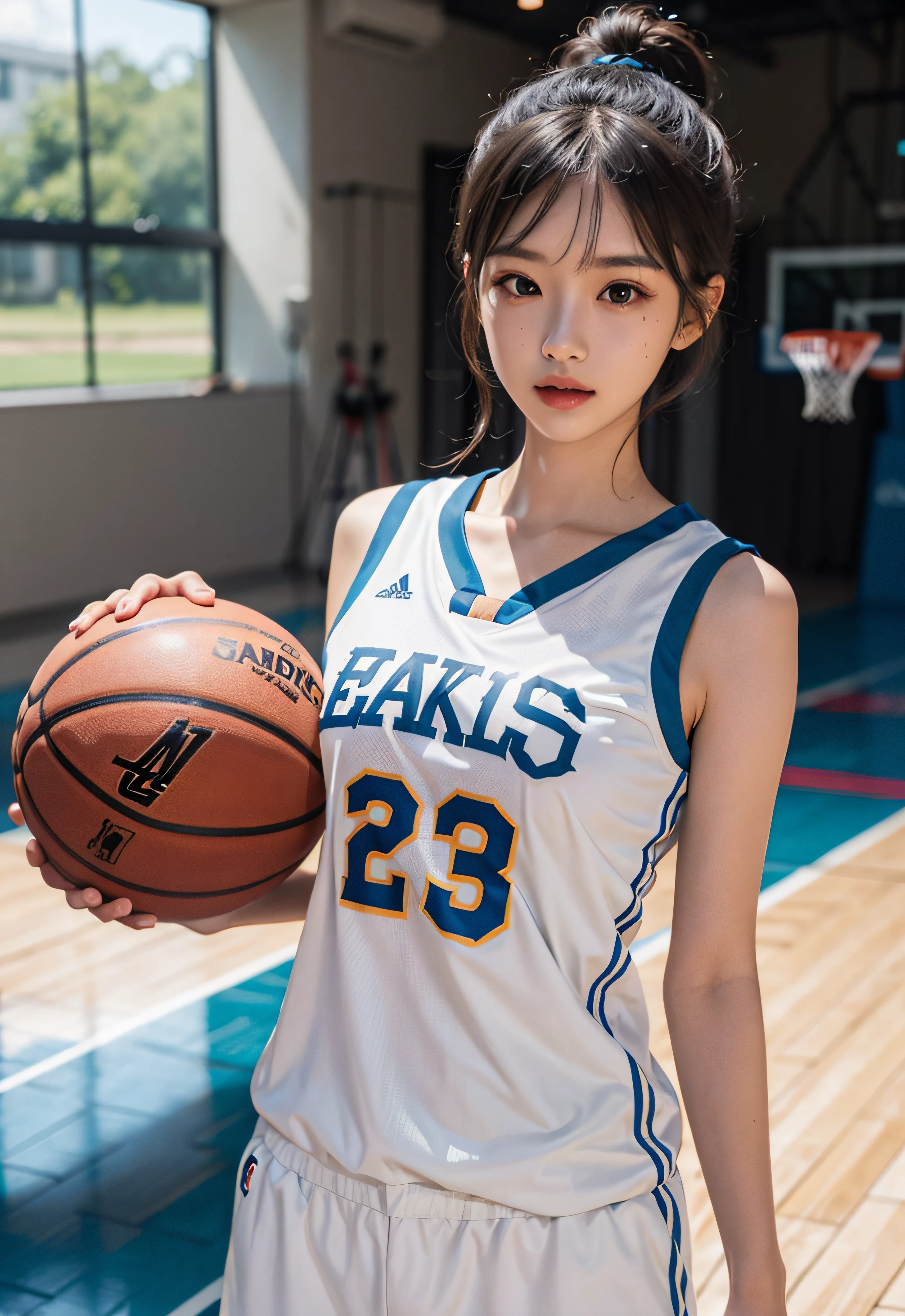 （ best qualtiy， tmasterpiece：1.2），A high resolution，8K,1girll，Delicate face，real looking skin，Dynamic light and shadow,Sharp focus,depth of fields,The eyes are delicate,pupil realistic, Playful expression， wear basketball uniform，（perfect bodies），（Big breasted 1.1），basketball playground，realisticlying, ultra - detailed, (shiny skins, perspired:1.4), looking at viewert,