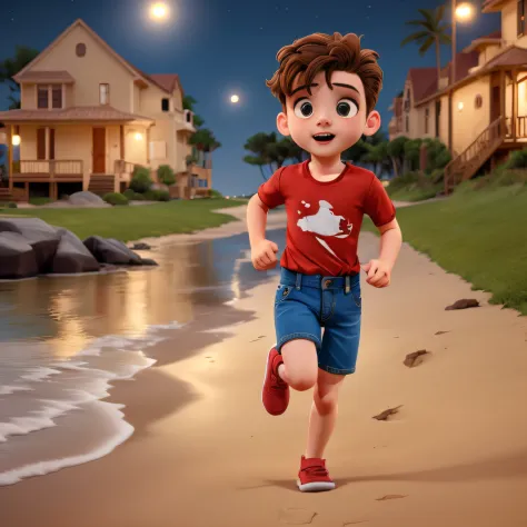 young boy running on a the beach at night BREAK red t-shirt BREAK denim shorts