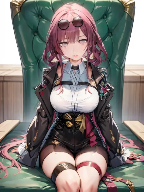 anime girl sitting on a green chair with a pair of sunglasses on her head, fine details. girls frontline, from girls frontline, ...