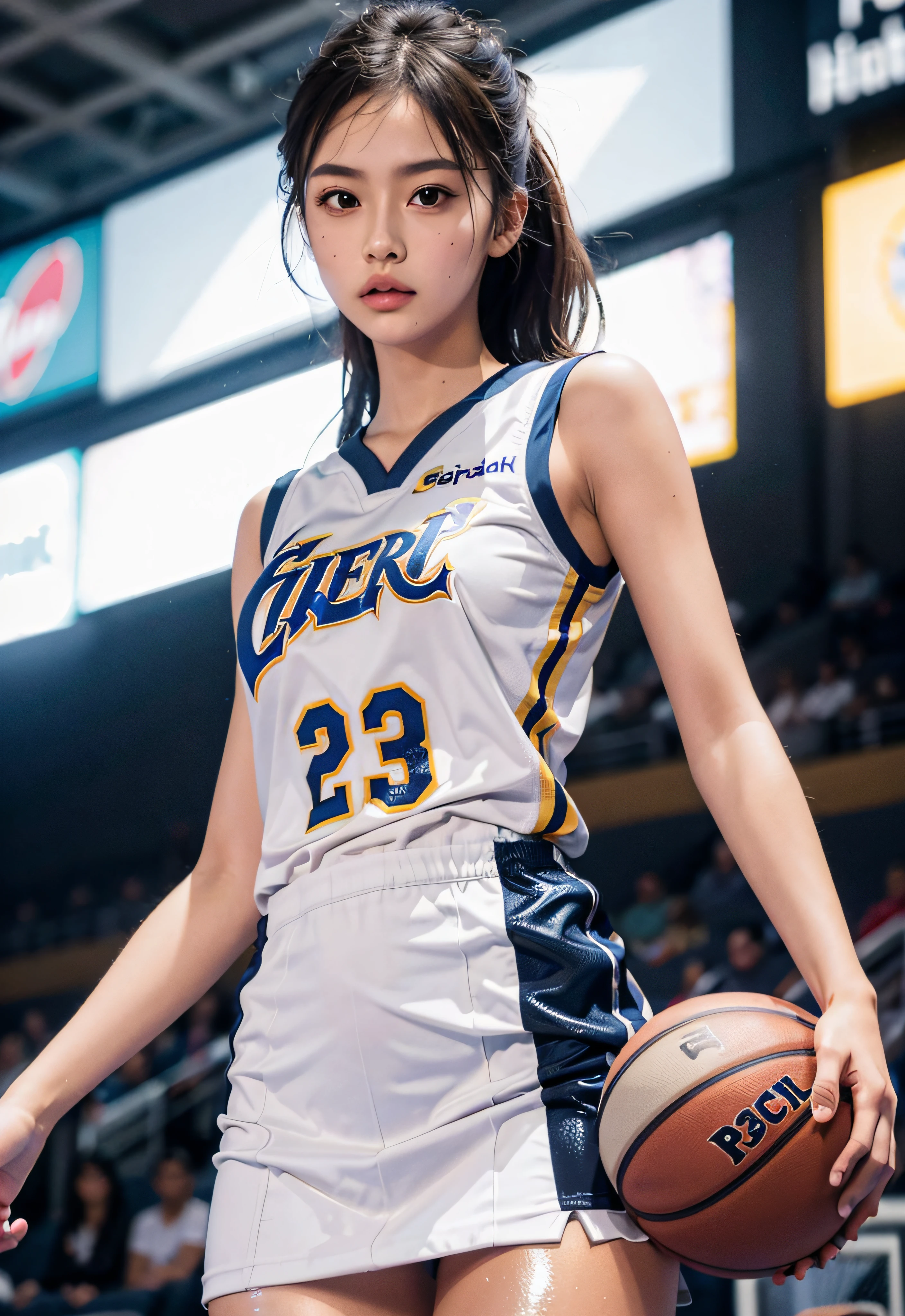 （8K， best qualtiy， tmasterpiece：1.2），A high resolution，1girll，real looking skin，Dynamic light and shadow,Sharp focus,depth of fields,The eyes are delicate,pupil realistic, Playful expression， wear basketball uniform，perfect bodies，Bigchest，at  basketball court，realisticlying, ultra - detailed, (shiny skins, perspired:1.4), looking at viewert,