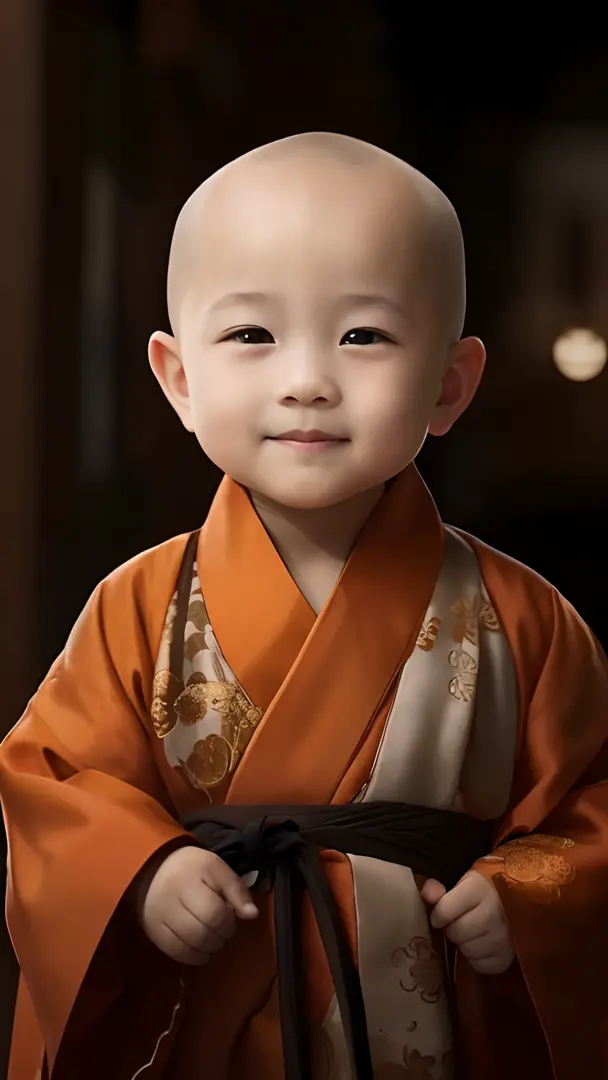 close-up of a bald child in a robe, lovely digital painting, monk clothes, ancient japanese monk, high quality portrait, buddhis...