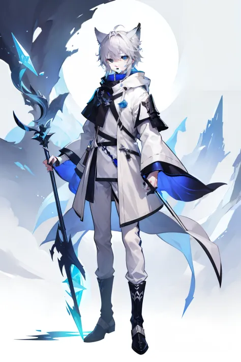 in character sheet portrait style, dungeons and dragons character, imagine a young snowy fox boy with a staff with light gray hair, light grey hair, poor clothing, young male, poor with ragged clothing, arknights style, short hair, tired and hiding, snow b...