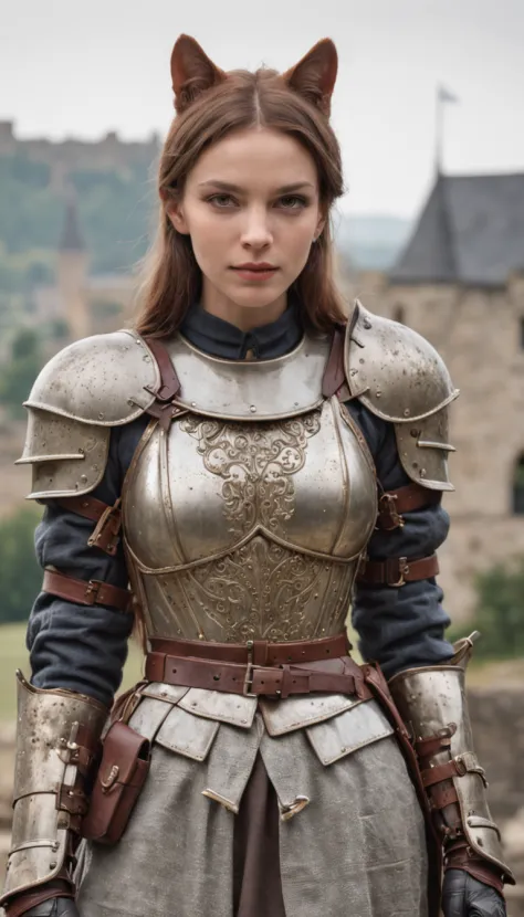 close-up, woman ((anthropomorphic,anthropomorphy, cat head, standing, knight, near a castle)), looking at viewer, wearing (cuirass, gorget, pauldron, couter, vambrace, gauntlets, cuisses, greaves, sabatons, poleyn, tasses, plackard, rerebrace, breastplace,...