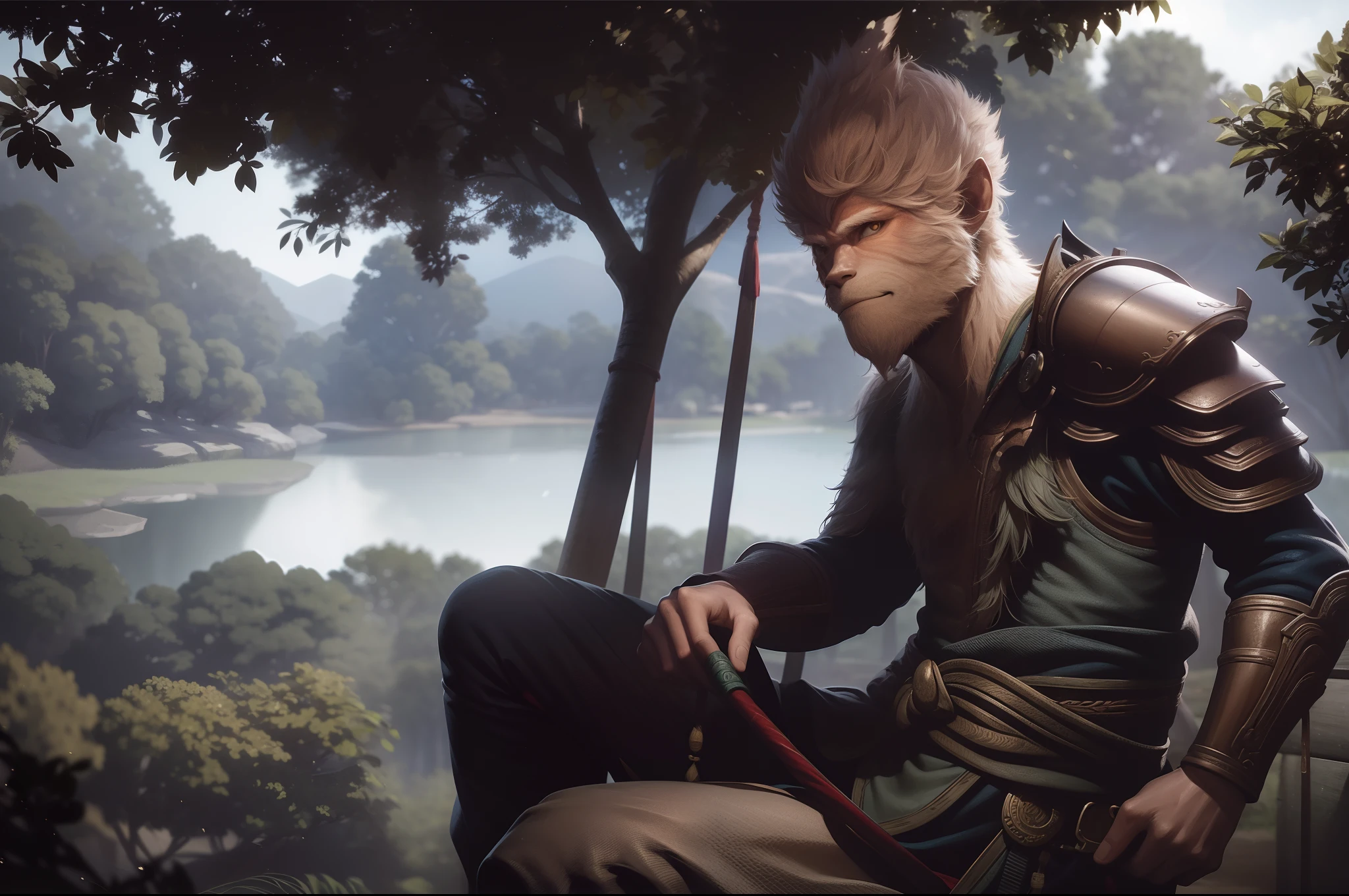 Portrait of Wukong, wearing light armour, sitting and resting under a tree. Light filtering through the trees.