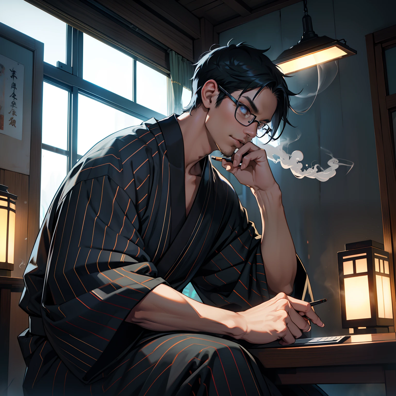 {{{{{masutepiece,Best Quality,ultra-detailliert}}}}},1 Handsome Man,Beautiful short hair,Detailed eyes,Smoking an electronic cigarette,sitting down on the floor,writing ghost stories on pc, Slouching, eye glass,Beautiful dark den background,Close doors and windows,a dark night,No light,Beautiful Japan black striped yukata,Side view,8K,