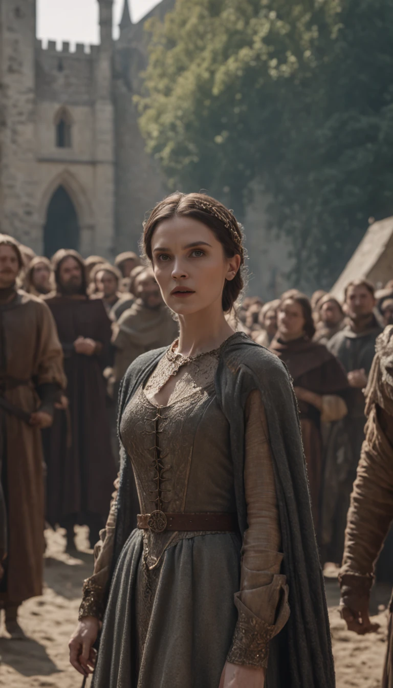 a woman in a medieval dress standing in front of a crowd of people, afterlife, after life, anti life, style of arcane tv series, after all, after a battle, style arcane tv series, altered carbon style, aftermath, after effects, live action movie, alfredo and the afterlife, life after the plague, series on netflix, live action film