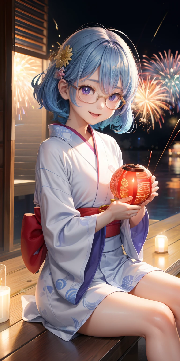 solo、FEMALES、Fireworks Festival、Yukata is wearing、Medium Hair、Shaggy hair、Light blue hair、wears glasses、high-level image quality、hightquality、Detailed fireworks background、Girls' yukata is white、Yukata has many blue and light purple floral patterns.、Cute with big eyes and double eyes.、A smile、(the boat、sitting on)、The pupil shines like a diamond、masutepiece, High resolution, 8K,Delicate and detailed writing 、Detailed digital illustration、Bob Hairework background、Open your mouth and rejoice、18year old、Have a water balloon