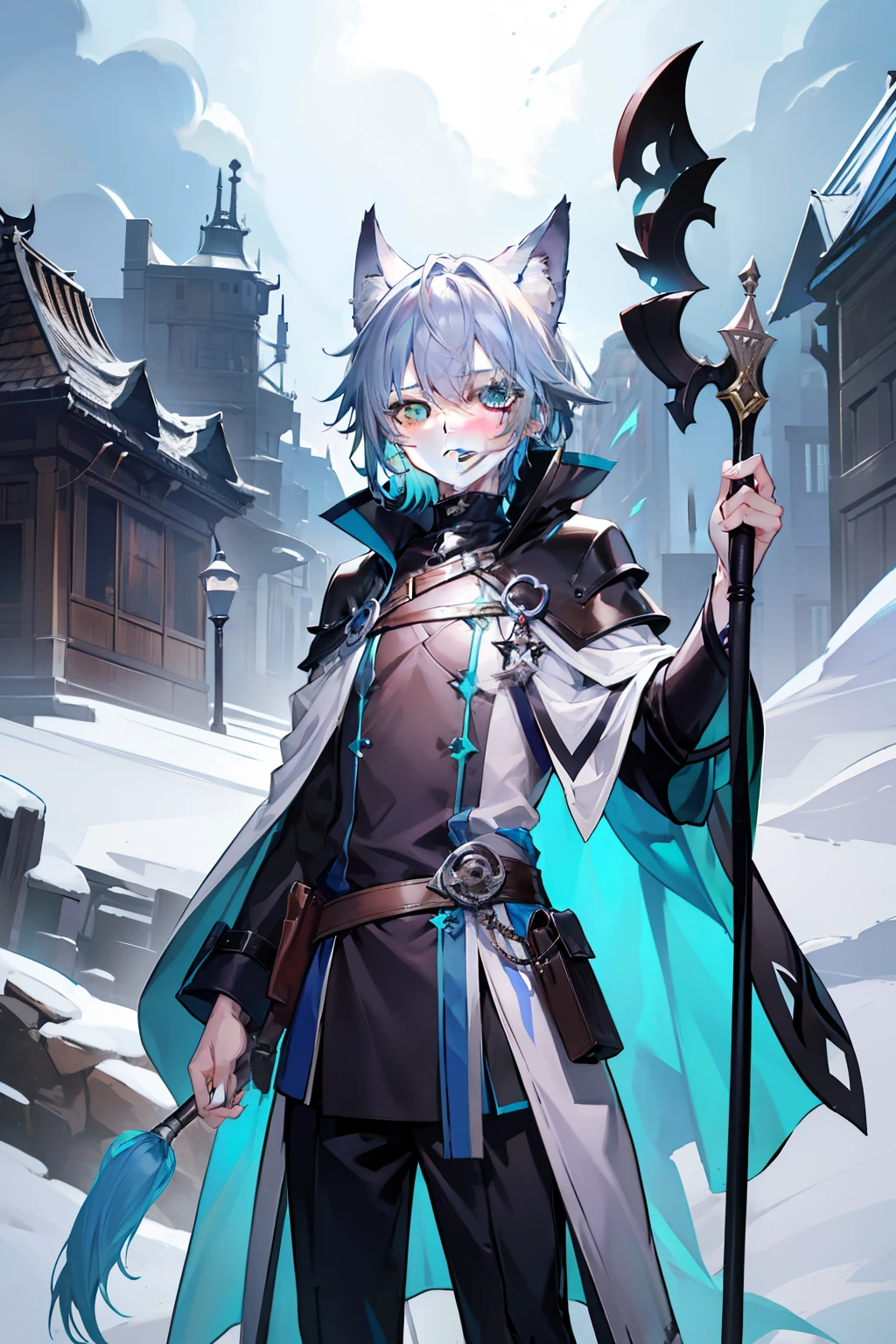 in character sheet portrait style, dungeons and dragons character, arknights style, (masterpiece), best quality, expressive eyes, perfect face, 1boy, solo, (light shade hair, fox tail, blue grey hair, fox boy, fox guy, kemonomimi, young male, young boy, fox ears, light blue grey hair, lavender mist color hair and tail, pale blue hair, bluish cyan hair), azure eyes with yellow under shade, yellow eye highlights, azure eyes, (leather robe, brown cape, dark hood), (kid, 17 year old, scared, trauma, afraid, young man), (minimal accessories, satchel, sling bag), staff, spellcasting staff, short young boy, young boy, traumatized, scared and hiding, hiding, poor, ragged clothes, scratched clothing, scared, poor clothing, not rich, basic clothing, short bangs, big eyes, dark brown robe, brown pants, rope tied, fox tail, scared, young face, eyebags, black pants