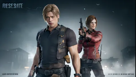 Close up portrait of two people holding guns in a dark room, key art, Brad Pitt Leon S. Kennedy, Background of Resident Evil Gam...