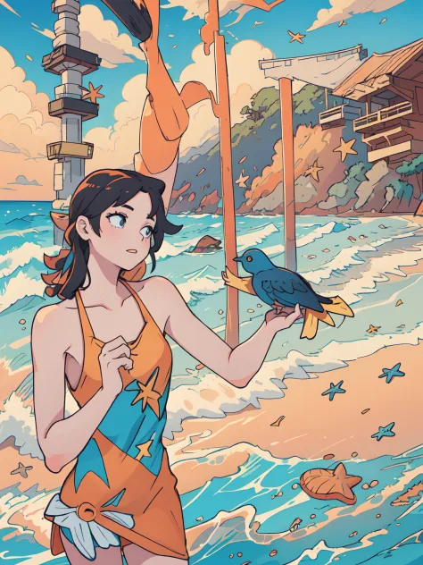 Anime girl wear orange dress on the beach holding a bird, balck hair, with big starfish, posing on a beach with the ocean, standing on a beach in boracay, wearing seashell attire, blue sky, clear sky