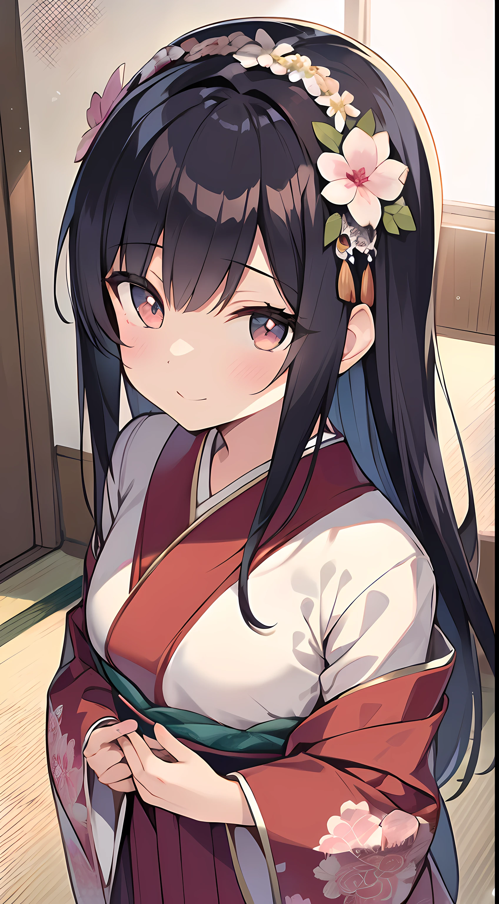 언니 아우라, 분리된 슬리브, 기혼, 일본인 신부, 혼례, wedding 또한 skirt, yamato nadeshiko, 여자 1명, 홀로, 집 밖의, 귀여운 일본 모델 소녀, 아주 긴 머리, 꽃 무늬, 웨딩 머리 장식, 결혼식 기모노, 또한, 앞머리, (걸작, 최고의 품질, HD 사진, 4K:1.4), 온화한 표정, 부드러운 미소, 부드러운 눈, 성숙해 보이는, 분홍빛이 도는 뺨, 아주 디테일한 눈, 매우 상세한 학생들, 매우 상세한 머리카락, 후리소데, 꽃 머리 액세서리, 전면 POV에서, 상세한 얼굴, 전신, 뷰어 조회,