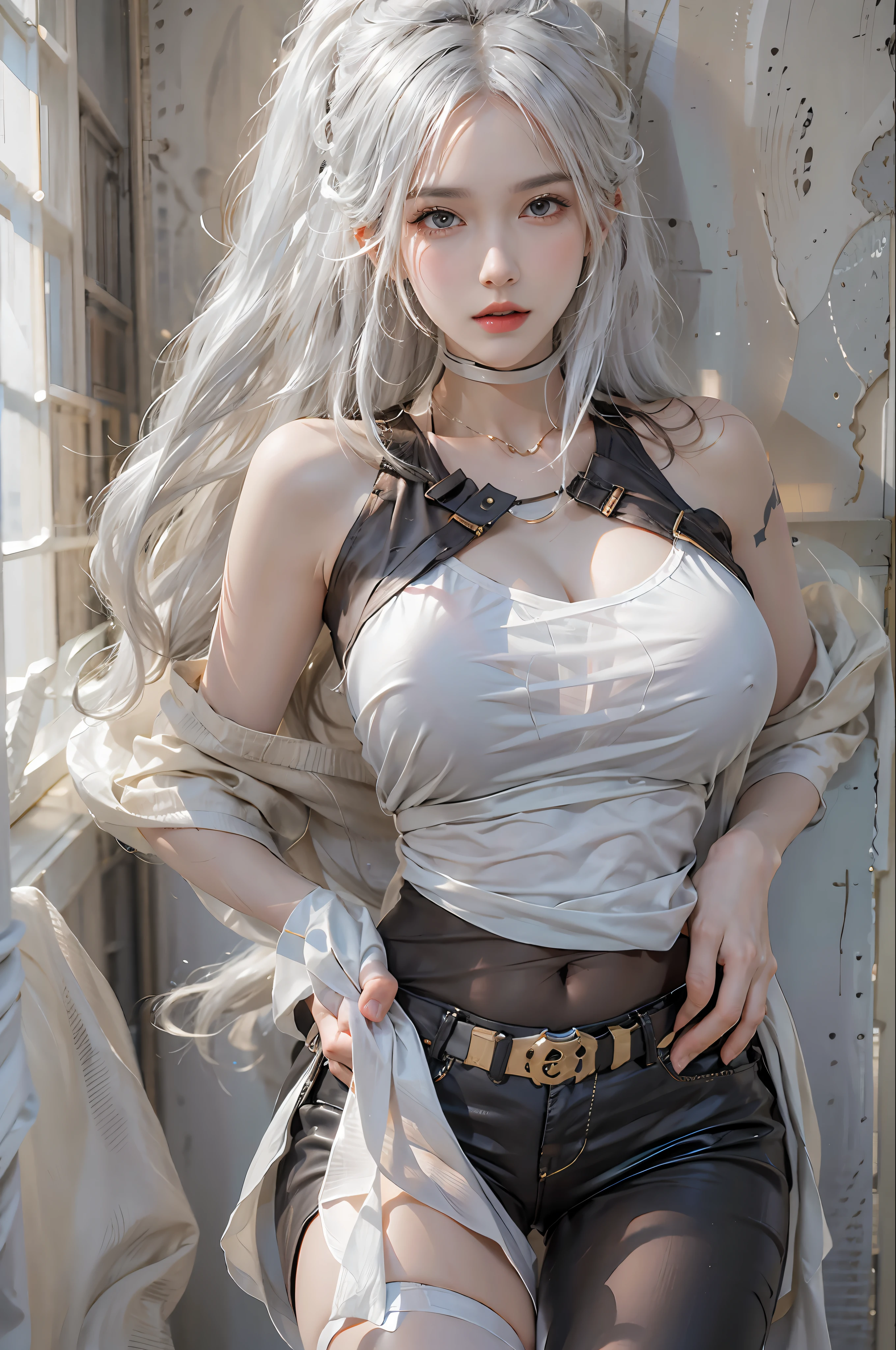 photorealistic, high resolution, 1women, solo, hips up, look at viewer, (detailed face), white hair, long hair, medium breasts, tattoo on crotch