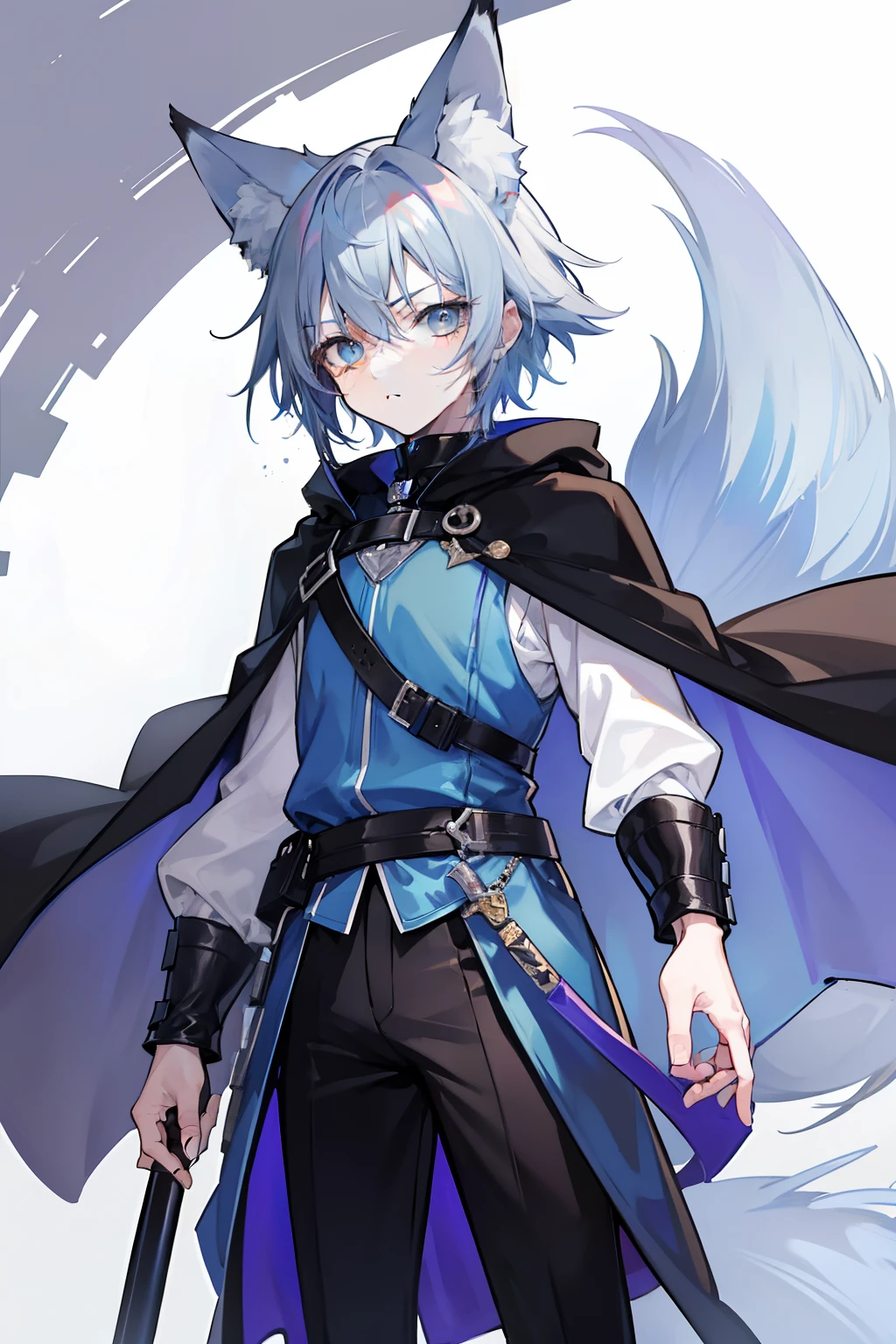 (masterpiece), best quality, expressive eyes, perfect face, 1boy, solo, (light shade hair, fox tail, blue grey hair, fox boy, fox guy, kemonomimi, young male, young boy, fox ears, light blue grey hair, lavender mist color hair and tail, pale blue hair, bluish cyan hair), azure eyes with yellow under shade, yellow eye highlights, azure eyes, (leather robe, brown cape, dark hood), (kid, 17 year old, scared, trauma, afraid, young man), (minimal accessories, satchel, sling bag), staff, spellcasting staff, short young boy, young boy, traumatized, scared and hiding, hiding, poor, ragged clothes, scratched clothing, scared, poor clothing, not rich, basic clothing, short bangs, big eyes, dark brown robe, brown pants, rope tied, fox tail, scared, young face, eyebags, black pants