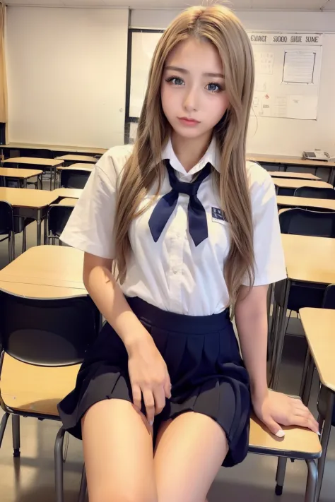 18-year-old woman、Wheat-toned skin、Female sexy、Summer school uniform、Inside the classroom