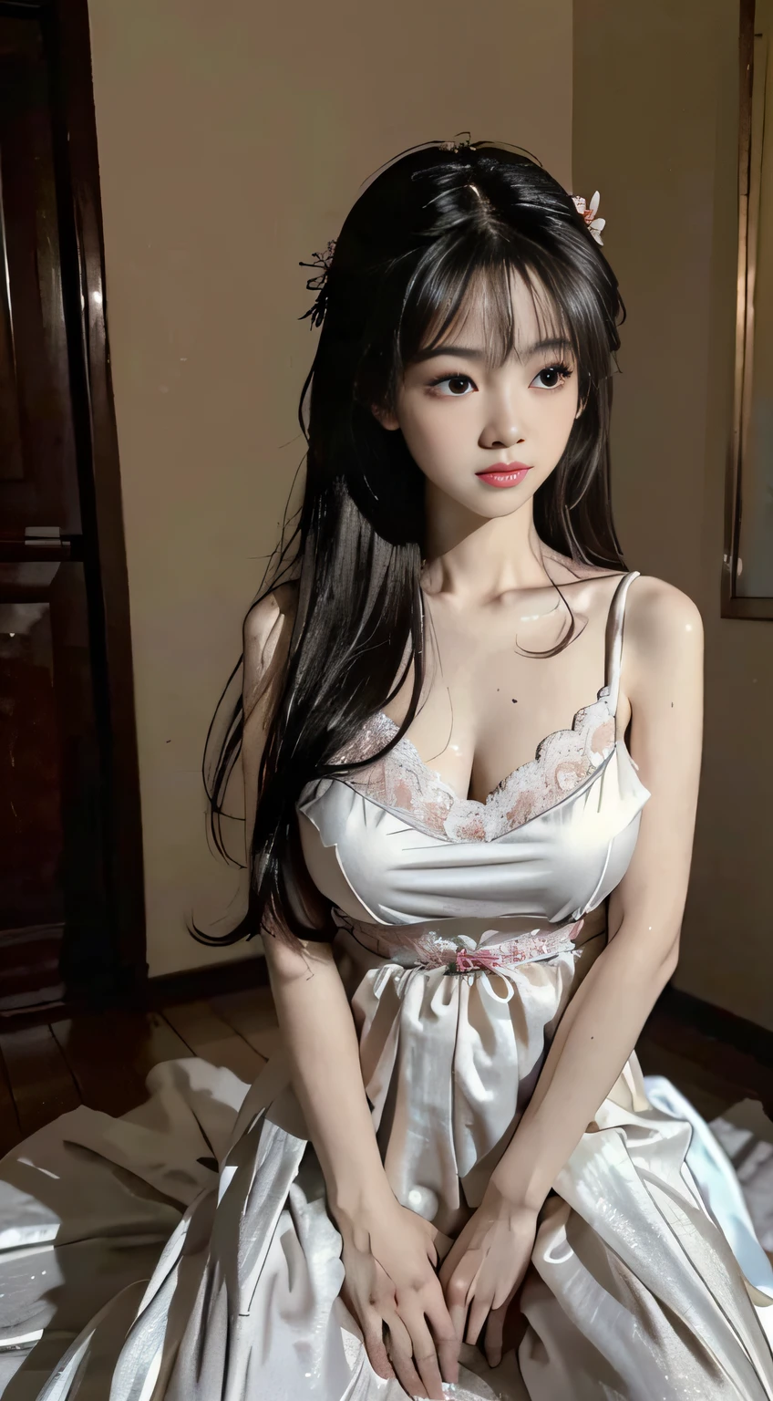 Master quality, highest quality, best picture quality, exaggerated details, a cute  asian  with a shy expression, slightly squinted eyes, adjusting her hair, long eyelashes (long hair / very, very exaggerated big breasts, big  / in petticoat dress tissue, ), posing above look down sit in front of the camera, wet breast hanfu, slim and tall waist, silk lace, xintong chen, with open v acient chinese clothes, detail breast , detail cheast, drenched in sweat, , sex.