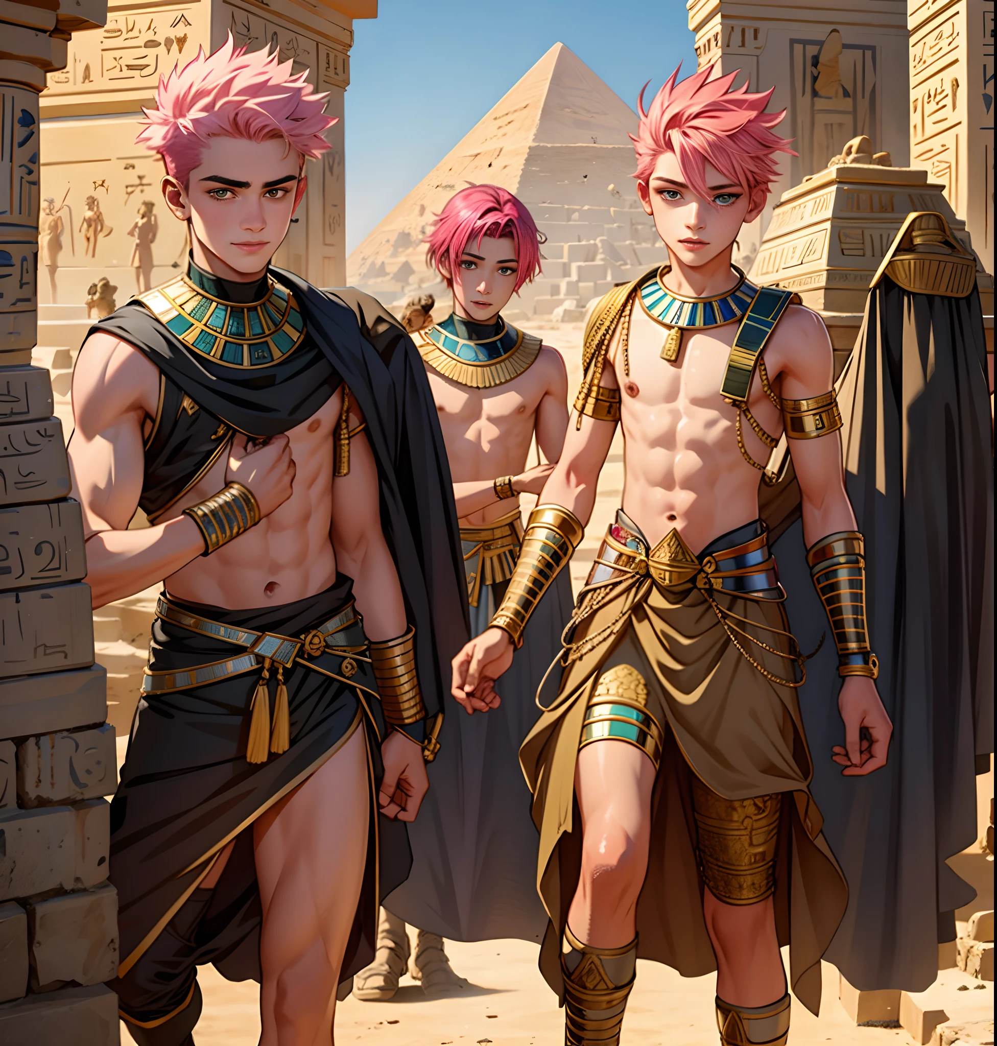 이집트에서 여러 명의 14세 소년이 주먹을 쥐고 있습니다. 분홍색 머리의 15세 소년은 꿀빛 눈을 가진 남자입니다. 고대 이집트의 밑바닥에는 피라미드가 보입니다.