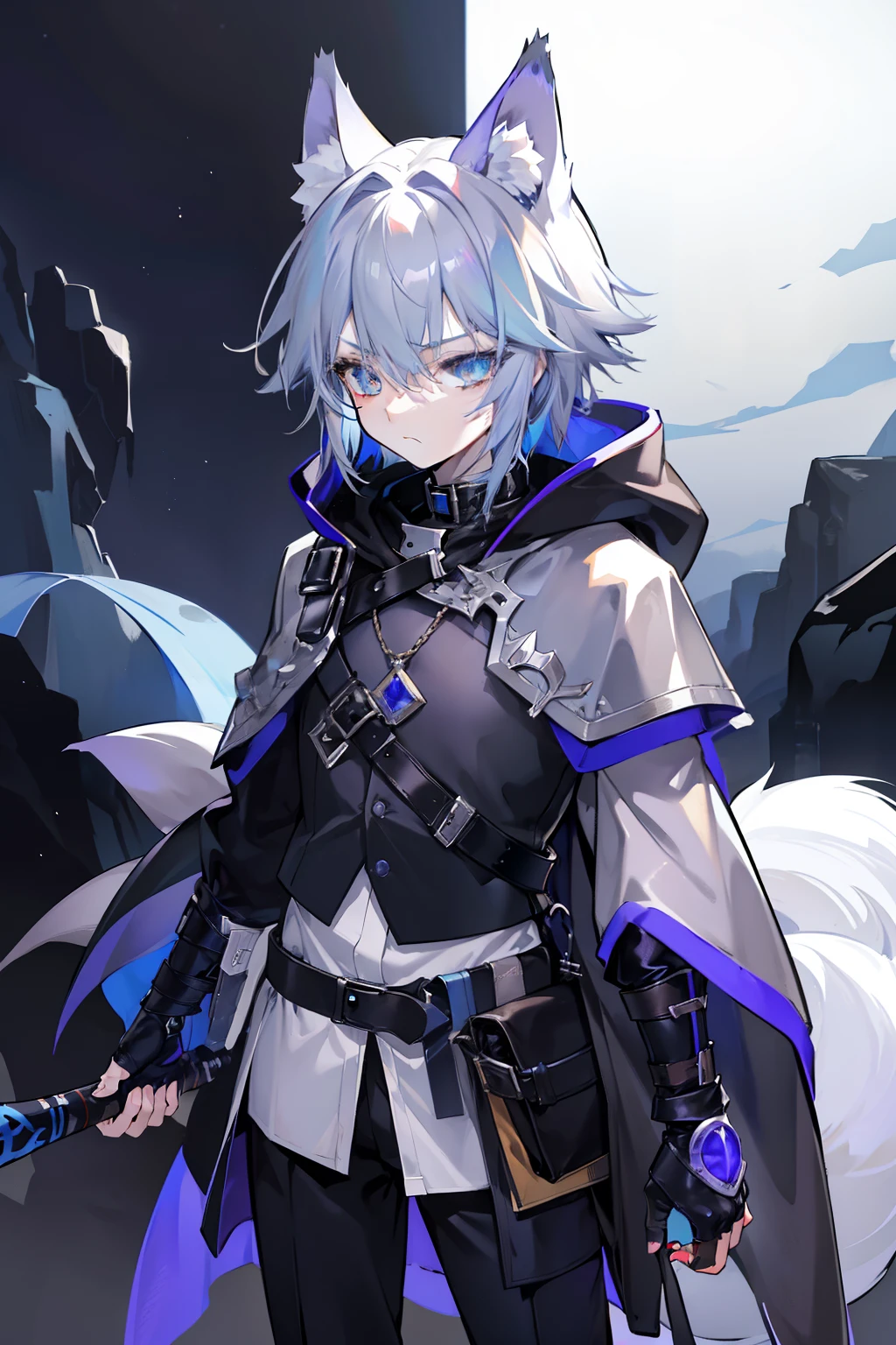 (masterpiece), best quality, expressive eyes, perfect face, 1boy, solo, (light shade hair, fox tail, blue grey hair, fox boy, fox guy, kemonomimi, young male, young boy, fox ears, light blue grey hair, lavender mist color hair and tail, pale blue hair, bluish cyan hair), azure eyes with yellow under shade, yellow eye highlights, azure eyes, (leather robe, brown cape, dark hood), (kid, 17 year old, scared, trauma, afraid, young man), (minimal accessories, satchel, sling bag), staff, spellcasting staff, short young boy, young boy, traumatized, scared and hiding, hiding, poor, ragged clothes, scratched clothing, scared, poor clothing, not rich, basic clothing, short bangs, big eyes, dark brown robe, brown pants, rope tied, fox tail, scared, young face, eyebags, black pants