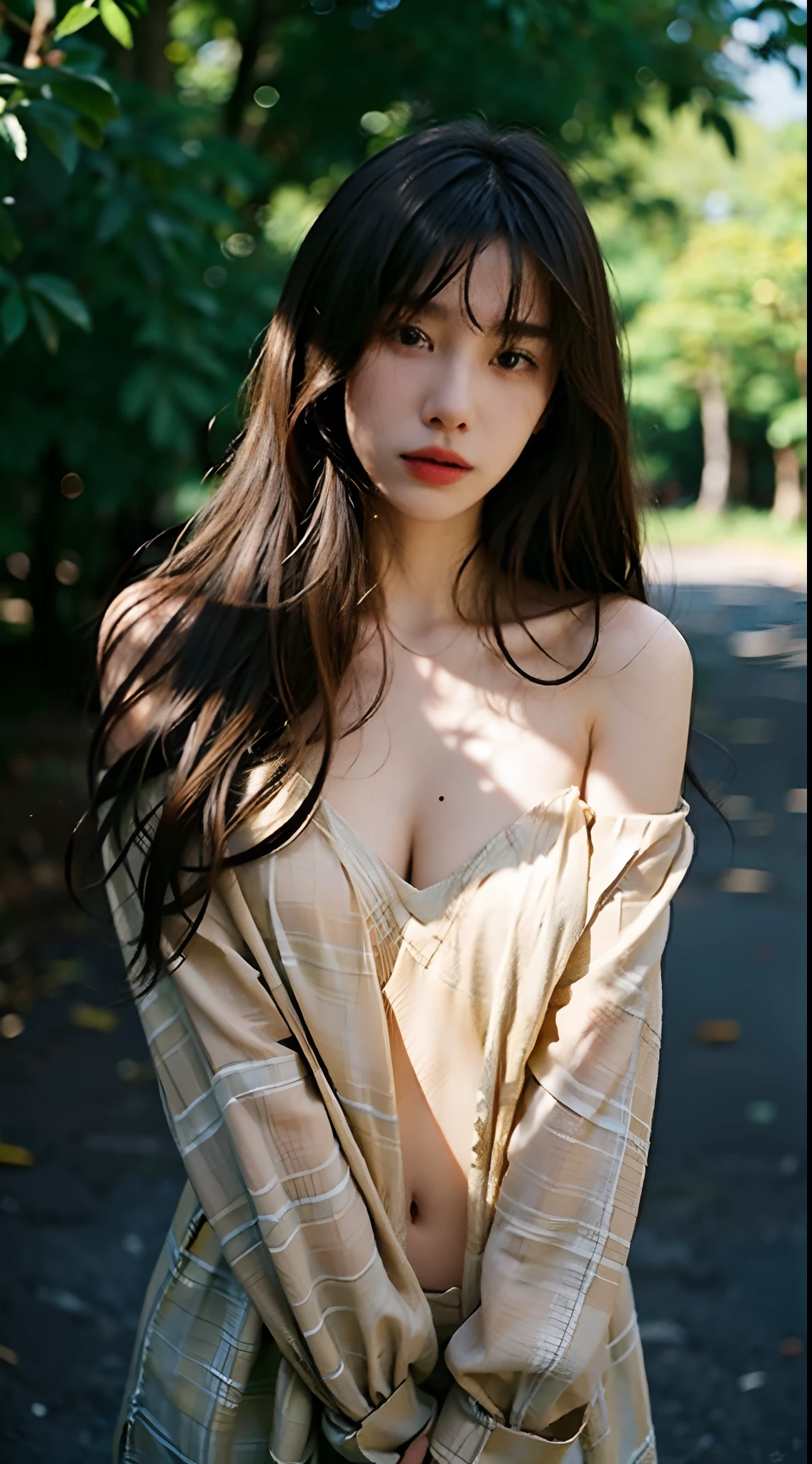 best qualtiy，tmasterpiece，超高分辨率，（realisticlying：1.4），RAW photogr，Beautiful and beautiful，deep shading，dark themes，1girll，Exquisite facial features，long whitr hair，laughingly，（The wind blows hair，Brunette bangs），Colorful printed shirt，petty face，cropped shoulders），busty figure，fit body，cowboy lens，exteriors，afternoon sunlight