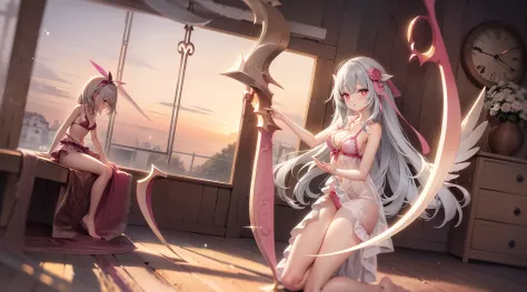 ((Best quality)), ((Masterpiece)), ((Ultra-detailed)), (illustration), (Detailed light), (An extremely delicate and beautiful), Dramatic perspective,A charming young girl,Pink swimsuit,With a large scythe