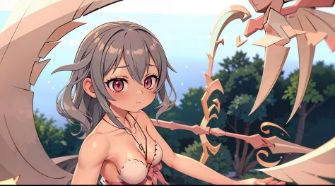 ((Best quality)), ((Masterpiece)), ((Ultra-detailed)), (illustration), (Detailed light), (An extremely delicate and beautiful), Dramatic perspective,A charming young girl,Lucif swimsuit,(((Armed with a scythe)))