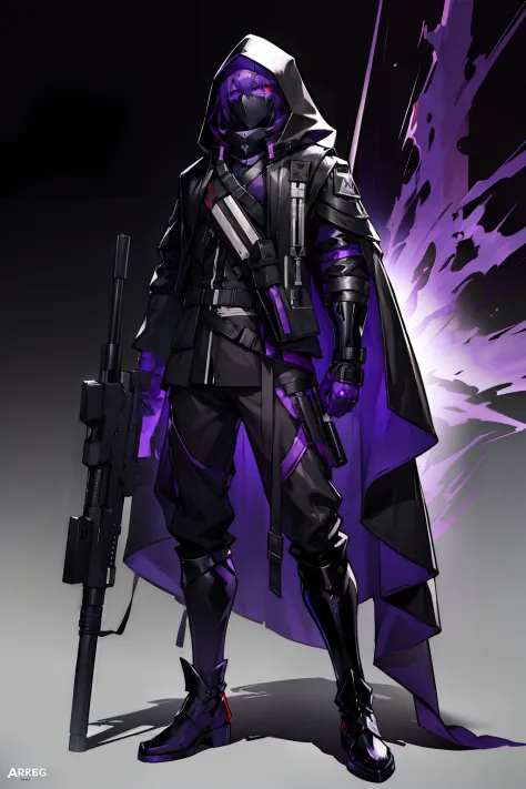 hooded figure, masked, purple glowing eyes, menacing, buff, gloves, purple trims, dark clothing, arknights character, arknights style, (masterpiece), cargo pants, belts. robe, coat, masked face, sniper rifle, holding a sniper, resting pose, standing up, fu...