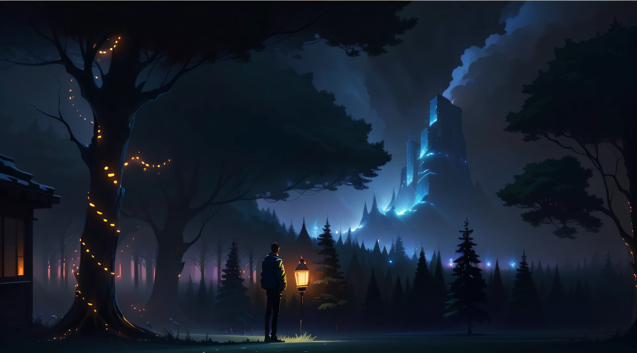 A man with a lantern standing in the night view of the forest, background artwork, calm evening. Digital illustration, amazing wallpapers, 4 k hd illustrative wallpaper, ( ( Makoto Shinkai ) ), Makoto Shinkai Cyril Rolando, emotional concept art, Dramatic lighting. concept-art, Guviz-style artwork, Beautiful and cinematic lighting