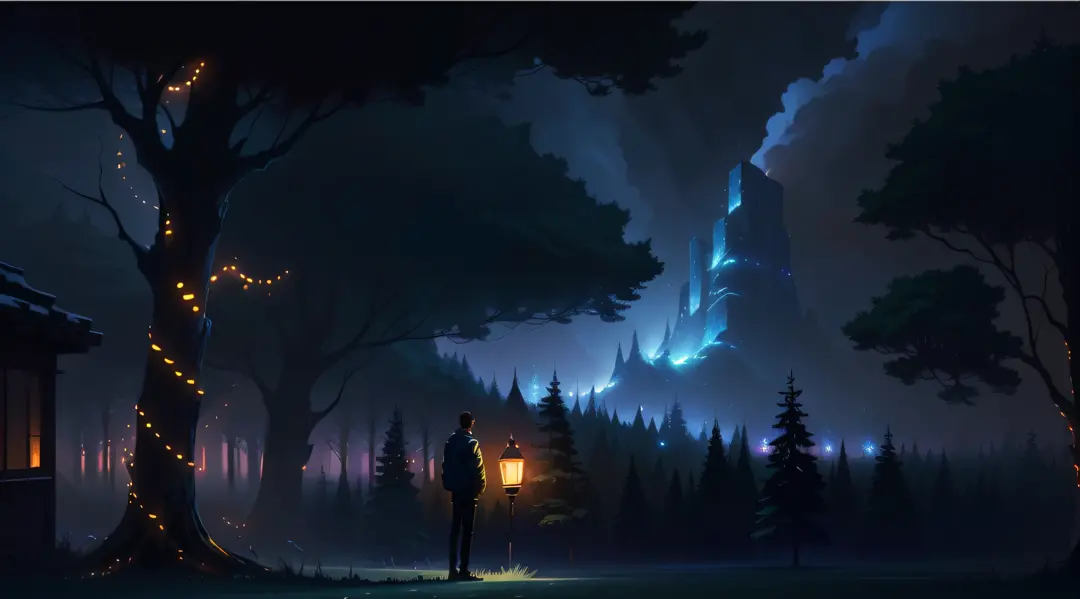 A man with a lantern standing in the night view of the forest, background artwork, calm evening. Digital illustration, amazing w...