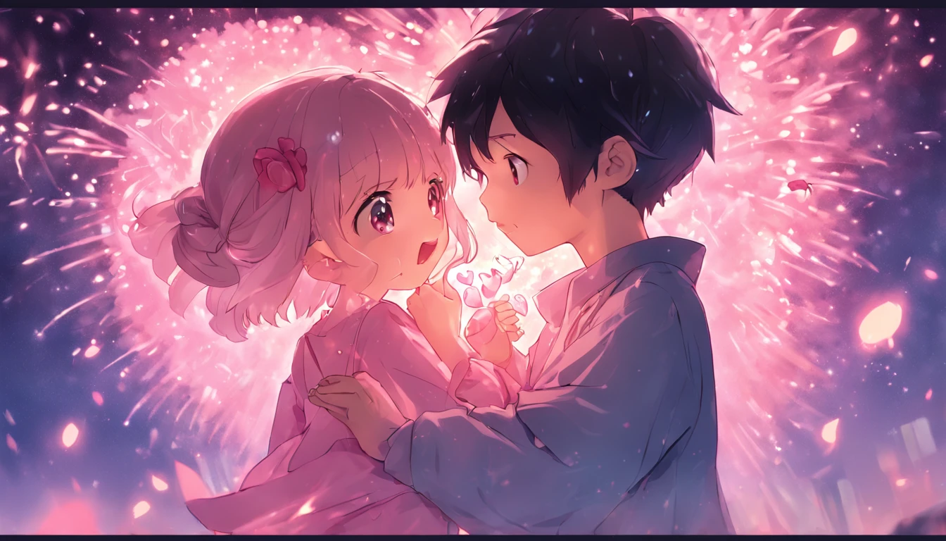 Anime couple kissing in front of fireworks in the sky - SeaArt AI