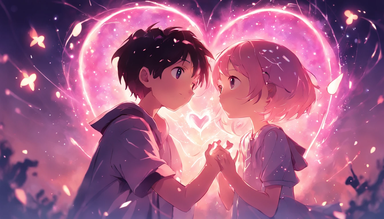 the night，In pink，Fireworks all over the sky，Heart-shaped bubbles，Child couples，Cartoony，Chubby  and  hugging each other，Glowing fireflies around，，Cute and cute，KIDS ILLUSTRATION，Glow effects，Dingdall effect，depth of fields，high light，Real light，Ray traching，oc rendered，Hyper-realistic，best qualtiy，8K，Works of masters，super-fine，Detailed pubic hair，Correct anatomy，sharp focus on eyes，Bokeh，Facial features are carefully depicted