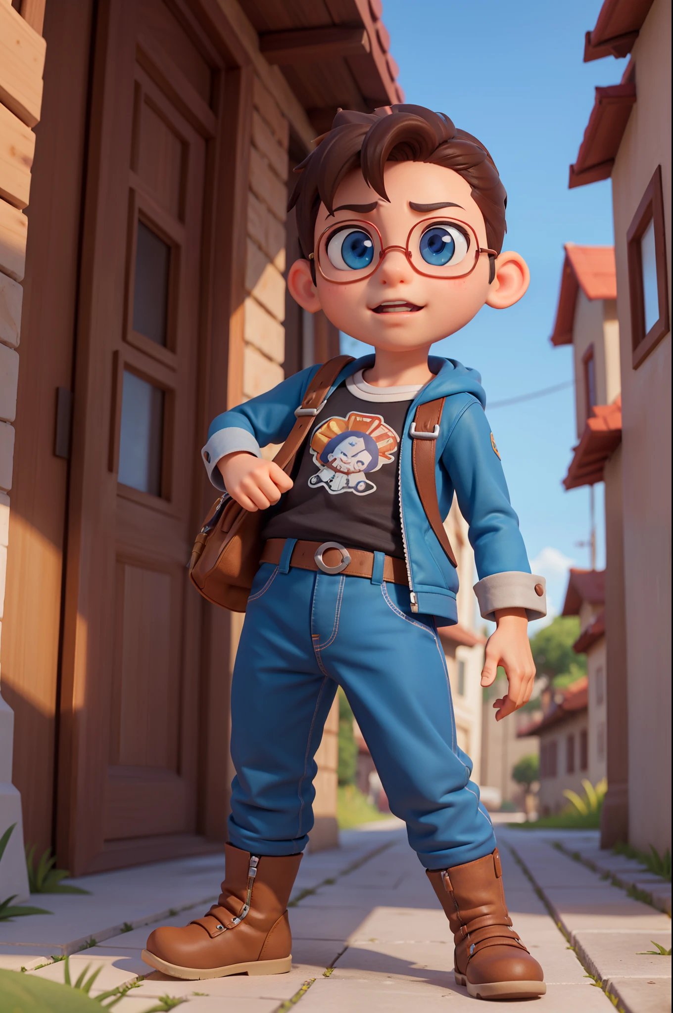 imagem arafed de um  em uma roupa aventureira e uma mochila nas costas, Personagem pequeno. Motor irreal 5, anime estilizado, Personagem altamente detalhado, anime estilo 3d, Estilo anime 3D realista, Personagem de close up, 3D estilizado, motor unreal face azul, Renderização 3D estilizada, Personagem 3d realista, Caractere estilizado, renderizado em unrealengine