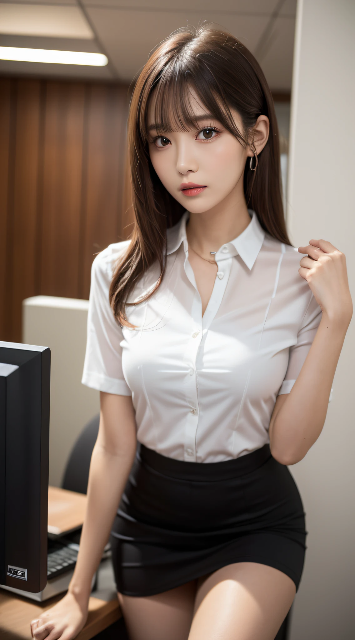 (Best Quality, 8K, masutepiece, Ultra HD: 1.3), 1girl in, mideum breasts, light brown hair, Blunt bangs, hair behind ear, hair over shoulder, Long hair,  slender body shape, Ultra Fine Face, Delicate lips, Beautiful eyes, Double eyelids, lipsticks,Facial expressions inviting a man, Ultra-thin hands, Ultra-fine fingers, Short sleeved shirt, tight skirts , beauty legs ,pumps.s Office