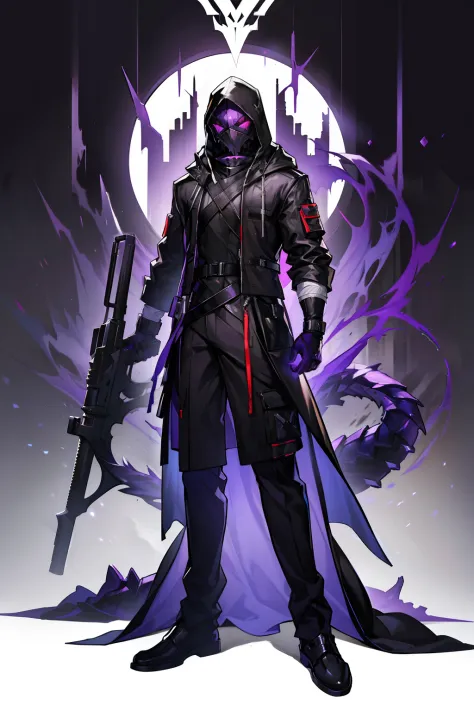 hooded figure, masked, purple glowing eyes, menacing, buff, gloves, purple trims, dark clothing, arknights character, arknights style, (masterpiece), cargo pants, belts. robe, coat, masked face, resting pose, standing up, fullbody, dark outfit, arknights o...