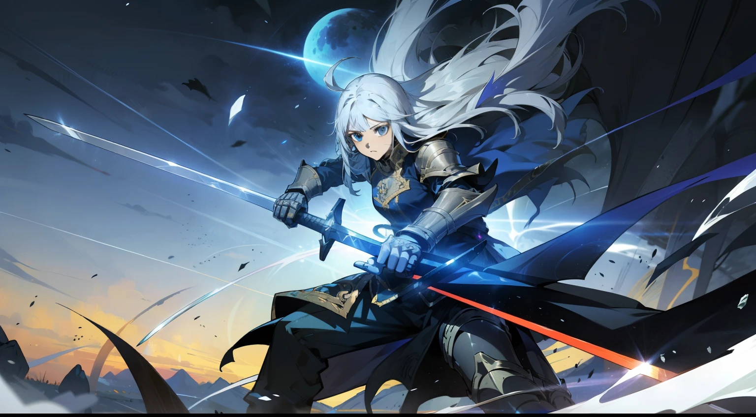 In this captivating digital illustration, Luna Runcandel's concept from Sword Art Online comes to life in an epic battle pose. Luna is fiercely determined, his sword gripped tightly in his hand, surrounded by dynamic manga-style effects. Uma aura radiante de poder a envolve, enhancing your warrior aura. Seus cabelos varridos pelo vento aumentam a intensidade da cena, How the digital domain brings out every intricate detail of your armor. A temperatura de cor inclina-se para tons frescos, enfatizando a atmosfera de batalha iluminada pela lua. His focused expression reflects the determination to overcome any challenge. Skillful lighting highlights the interplay of shadows and highlights, creating a sense of depth and action. --V 5 --Estilizar 1000