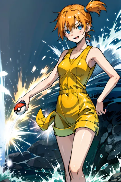 Estilo Anime, The environment full of water, Playing with Pokémon , Misty ( Personagem) is in a standard outfit, cabelo curto, cor laranja, olhos laranja, sorrindo, ultrarealista, corpo inteiro, 2D