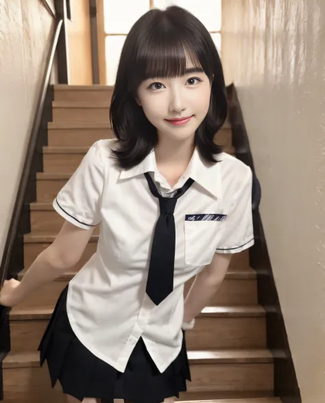Japanese student uniform、Summer School Uniform Shirts、Ribbon tie、skirt by the、Bright blonde hair、stairs at school、Descending the...