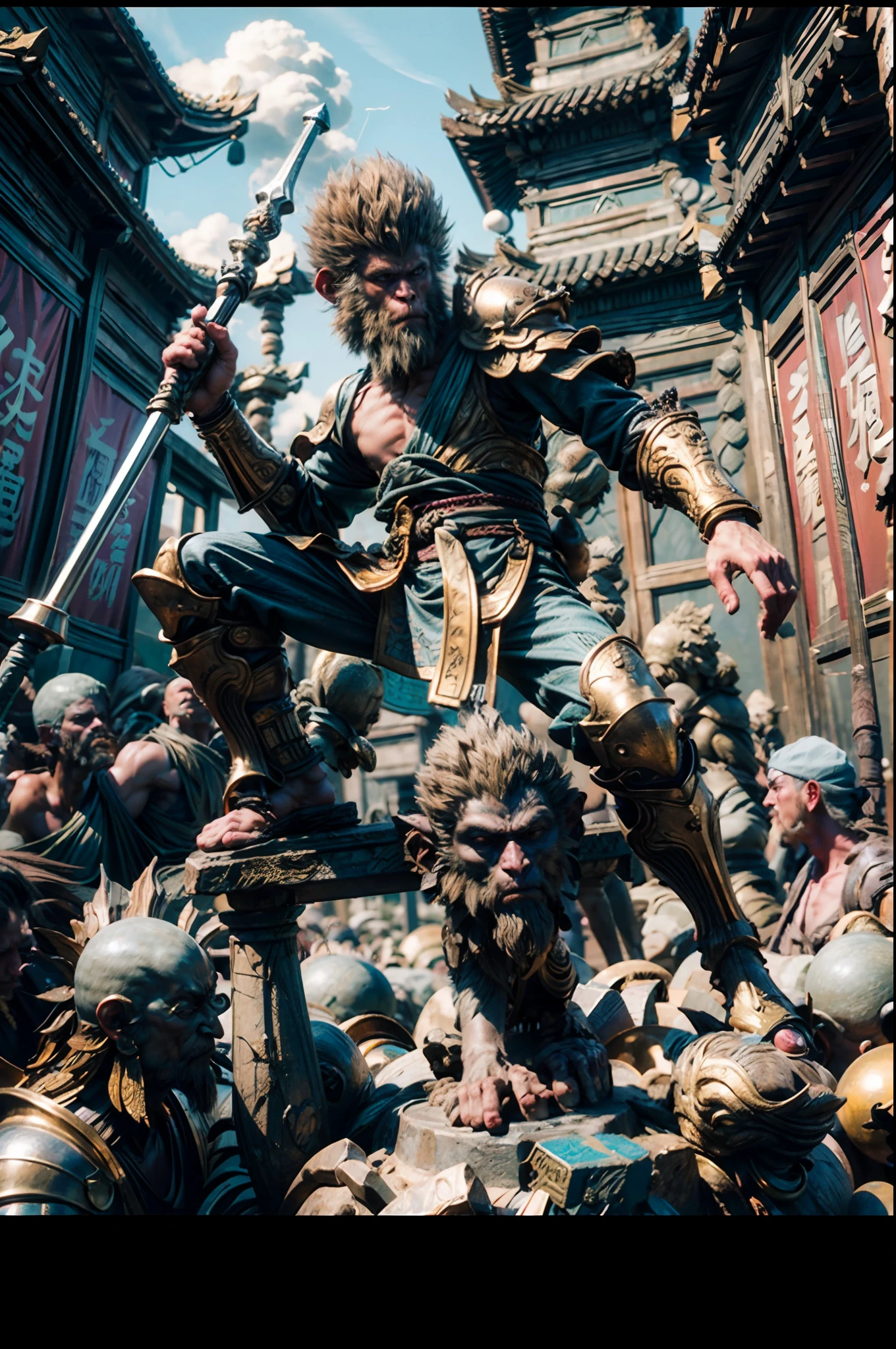 ((1man)),Anthropomorphic male monkey man with golden hoop stick in his hand, bo staff, Sun Wukong, Wukong, fighting Buddha, normal hands, flame clouds under his feet, fire eyes golden eyes bright and brave, very beautiful anthropomorphic monkey, fighting stance, Guan Yu, inspired by Huang Shen, inspired by Hu Zaobin, legendary monkey god holding a spear, golden chinese style armor, battlefield background, burning fire aura,Cinematic, Hyper-detailed, insane details, Beautifully color graded, Unreal Engine, DOF, Super-Resolution, Megapixel, Cinematic Lightning, Anti-Aliasing, FKAA, TXAA, RTX, SSAO, Post Processing, Post Production, Tone Mapping, CGI, VFX, SFX, Insanely detailed and intricate, Hyper maximalist, Hyper realistic, Volumetric, Photorealistic, ultra photoreal, ultra-detailed, intricate details, 8K, Super detailed, Full color, Volumetric lightning, HDR, Realistic, Unreal Engine, 16K, Sharp focus, Octane render