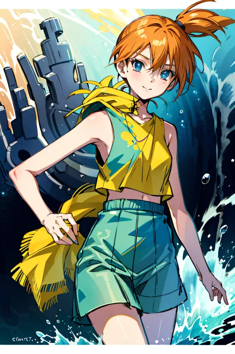 estilo anime, the environment full of water, playing with pokémon , misty ( personagem) is in a standard outfit, cabelo curto, c...