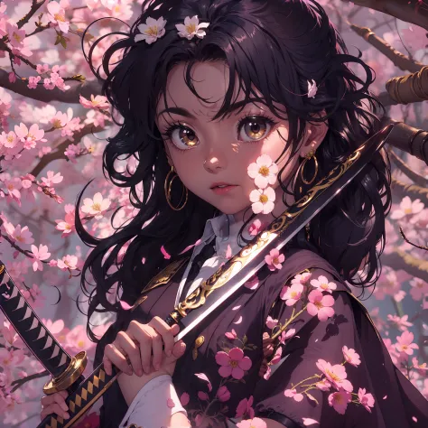 Dark skin, dark brown skin, demon slayer uniform, holding flower katana in hand, looking at camera, shiny curly black hair, gold...