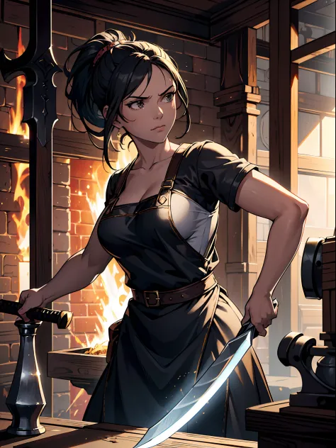 masterpiece, best quality, depth of field, HDR, intricate, absurdres, gorgeous, (detailed face), 1girl, ((blacksmith)), (forge),...