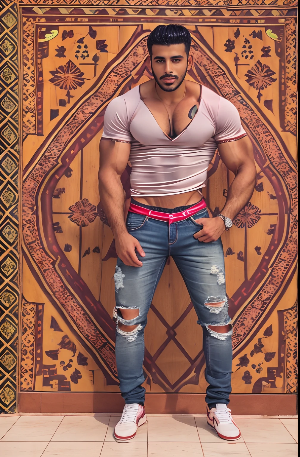 Arafed man in a pink shirt and ripped jeans posing for a picture - SeaArt AI