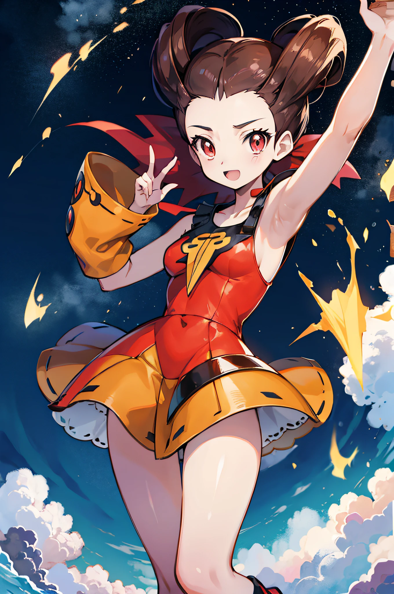 anime styling, The environment filled with fire, Playing with Pokémon , roxanne( charachter) is in a standard outfit, long hair, cor parda, orange eyes, Grinning, ultrarealistic, fully body, 2d