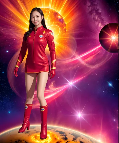 korean superheroine cosmos girl wearing cosmic logo uniform，wear cosmic logo gloves，step on the star red boots，super superpower ...