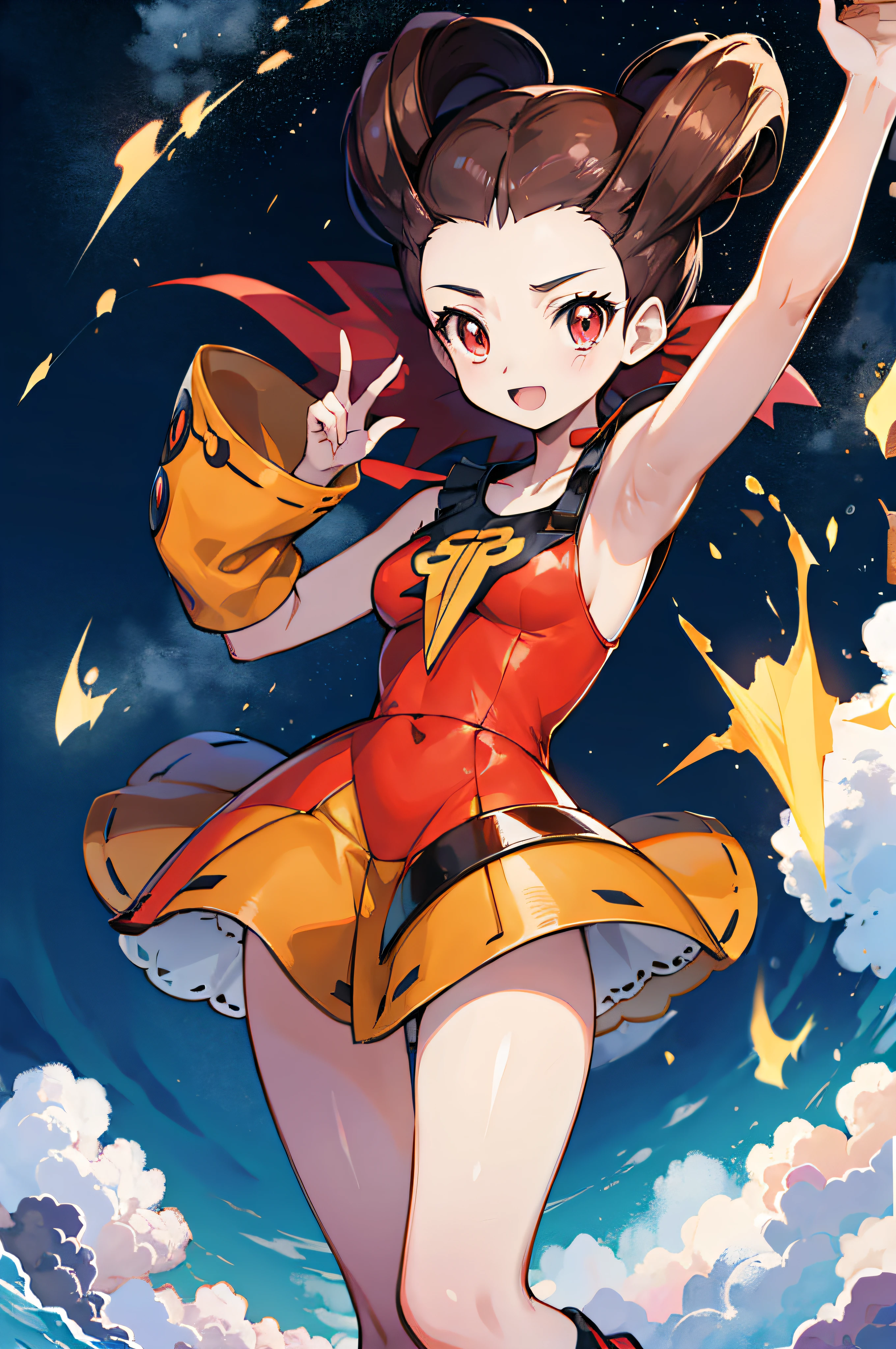 estilo anime, El ambiente lleno de fuego., jugando con pokemon , roxana( personaje) está en un traje estándar, pelo largo, color marrón, ojos naranjas, sonriente, ultrarealista, cuerpo entero, 2d