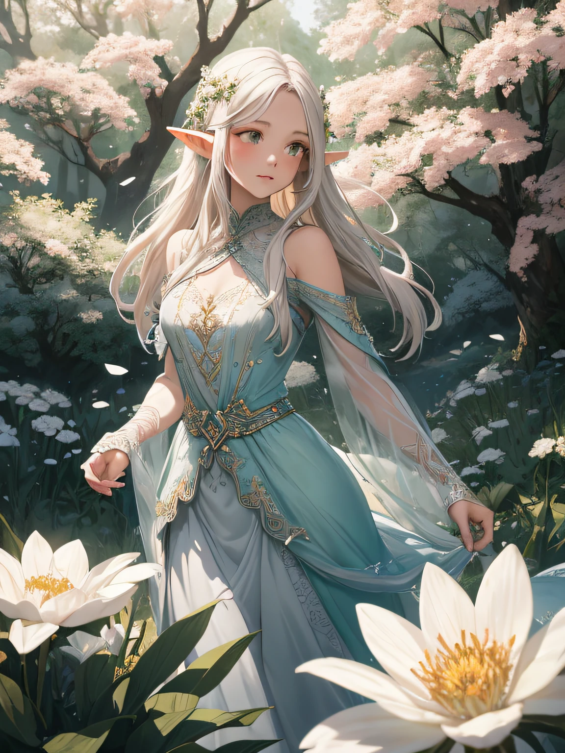 Create a captivating digital painting that showcases an elf adventurer ...