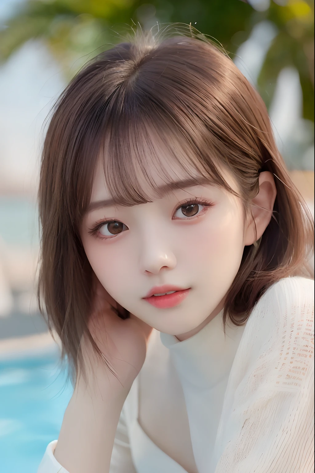 pureerosface_v1, Top Quality, Photorealistic, 8K, High Definition, 1 Girl, Woman, (Skindentation), (Portrait: 0.6), Gorgeous, Dynamic Pose, (((Poolside Background: 1.6)), Coconut Tree, ((Medium Size Round Breasted, White High Neck Sweater: 1.4)), Look straight at the viewer: 1.8, (1 Girl eyes looking at the viewer, medium-length hair, brown hair, parted bangs: 1.65), (bokeh), smile: 1.2, (mouth closed: 1.16),