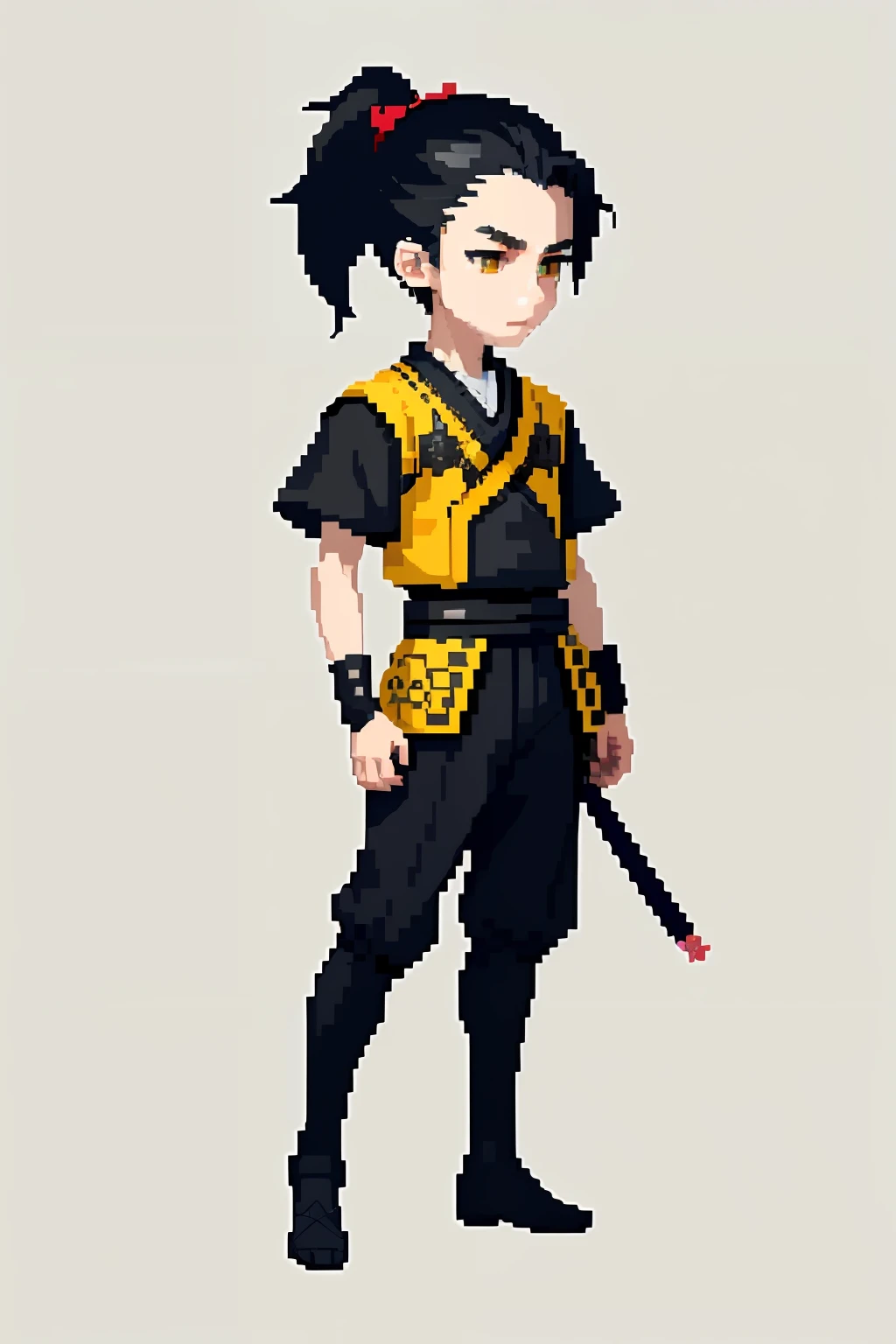 (masterpiece), top quality, best quality), pixel, pixel art,1boy,16 yrs. old, full body, Samurai outfit, pale skin young boy, yellow eyes, black hair, mid-size ponytail, calm face, male