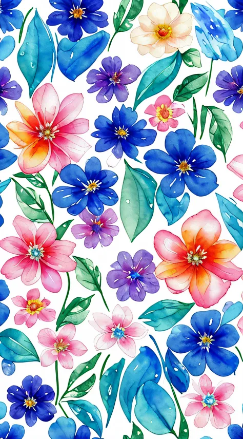 watercolor, flower, beautiful, watercolor style, flower and leaf patterns, wet on wet technique, muted, indigo, fabric design, f...