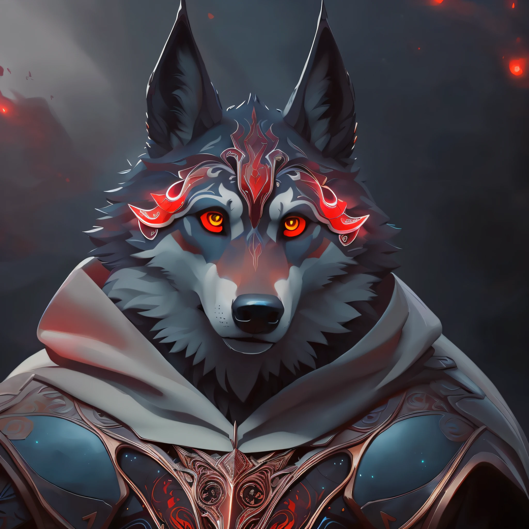 there is a wolf with glowing eyes and a hood attached, fantasy wolf portrait, anthropomorphic wolf, an anthropomorphic wolf, Wolf Armor, painted in arcane style, 8k high quality detailed artwork, Kitsune-inspired Armor, den wolf face, Epic Fantasy Digital Art Style, Epic fantasy art style, Husky in shining armor