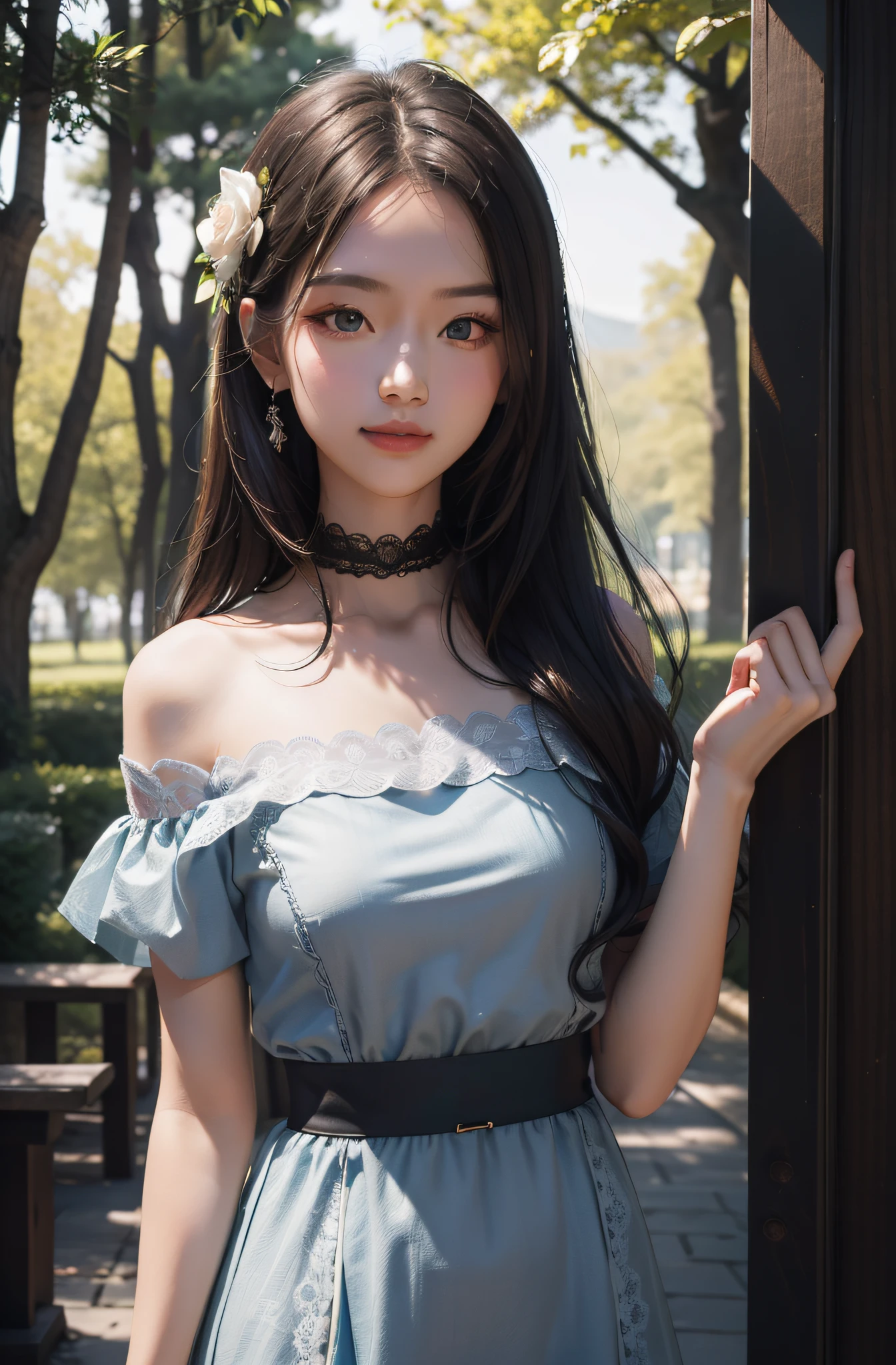 best qualtiy，tmasterpiece，超A high resolution，（真实感：1.4），RAW photogr，1girll，cropped shoulders，in the darkness nigth，deep shading，low tune，cold light，Square face with charming eyes，A sweet smile，Dressed in black lace，parks，lakes，the woods，Rose flower，A high resolution