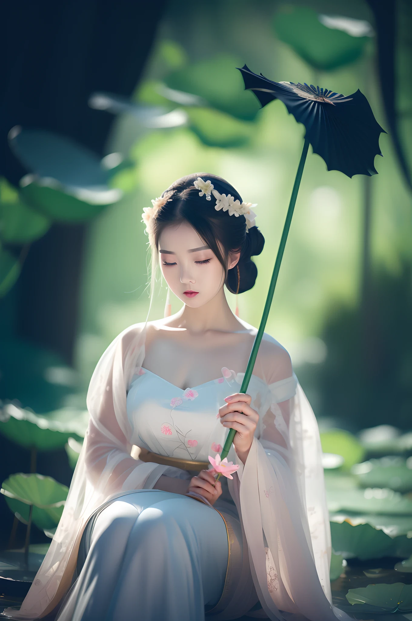 Арадская женщина в белом платье держит лист лотоса, дворец ， A girl in Ханьфу, Древняя китайская принцесса, Китайская принцесса, неземная красота, прекрасная императрица фэнтези, Красивая девочка-подросток, китаянка, красивая фантастическая девушка, прекрасная томная принцесса, вдохновленный Лань Ином, древняя китайская красавица, Китайская фантазия, вдохновленный Джин Нонгом, принцесса древней азиатской династии, дворец ， A girl in Ханьфу, неземная красота, White Ханьфу, красивая фантастическая девушка, потрясающая молодая неземная фигура, Древняя китайская принцесса, Китайская принцесса, прекрасная томная принцесса, Ханьфу, Красивая девочка-подросток, Ношение древней китайской одежды, вдохновленный Лань Ином, прекрасная императрица фэнтези，Держу цветок в руке, дворец ， A girl in Ханьфу, White Ханьфу, Ханьфу, неземная красота, Ношение древней китайской одежды, Древняя китайская принцесса, китаянка, традиционная китайская одежда, вдохновленный Лань Ином, элегантная японка, в древней китайской одежде, прекрасная императрица фэнтези, Китайская принцесса, китайский стиль, китаянка，Ульзанг-6500-v1.1，（RAW-фотограф：1.2），（（реалистично：1.4）），лучшее качество，tшедевр，просветление，Очень нежно красиво，поразительный，мелкие детали，официальное искусство，Очень подробные обои CG Unity 8k，абсурдные，Невероятно смешное разрешение，огромный размер файла，ультра - подробный，Высокое разрешение，Красивая дотошная девушка，чрезвычайно детализированныеглаза и лицо，красивые детальные глаза，свет на лице，кинематографическое освещение，1 девушка，полное тело, лесбиянка，выстрел в полный рост，смотрю на зрителя，（（блаженный）），Лучшая детализация фона，Фон пруда с лотосами，лотосы，Лист лотоса，Королевский парк
